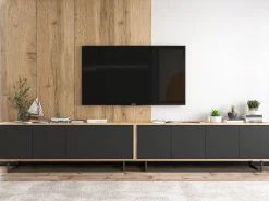 Móvel de TV com 8 portas - corpo carvalho wotan, frentes mate - 300 cm, estrutura metálica^ Móvel De Tv