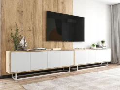 Móvel De Tv| Móvel de TV com 8 portas - corpo carvalho wotan, frentes mate - 300 cm, estrutura metálica Branco