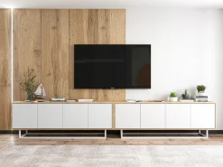 Móvel De Tv| Móvel de TV com 8 portas - corpo carvalho wotan, frentes mate - 300 cm, estrutura metálica Branco