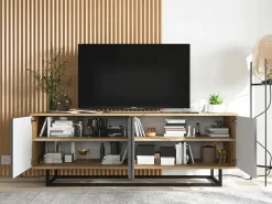 Móvel De Tv| Móvel de TV com 4 portas - corpo carvalho wotan, frentes grafite mate - 150 cm, estrutura metálica Cinzento