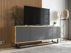 Móvel De Tv| Móvel de TV com 4 portas - corpo carvalho wotan, frentes grafite mate - 150 cm, estrutura metálica Cinzento