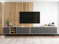 Móvel De Tv| Móvel de TV com 4 portas - corpo carvalho wotan, frentes grafite mate - 150 cm, estrutura metálica Cinzento