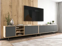 Móvel De Tv| Móvel de TV com 4 portas - corpo carvalho wotan, frentes grafite mate - 150 cm, estrutura metálica Cinzento