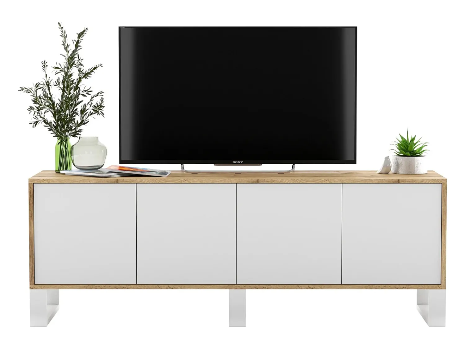 Online Móvel de TV com 4 portas - estrutura carvalho wotan frentes mate - 150 cm, pés de metal Branco