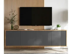Móvel De Tv| Móvel de TV com 4 portas - estrutura carvalho wotan frentes grafite fosco - 150 cm Cinzento