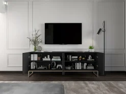 Móvel De Tv| Móvel de TV com 8 portas - Estrutura mate, frentes ranhuradas mate - 300 cm, estrutura metálica Preto