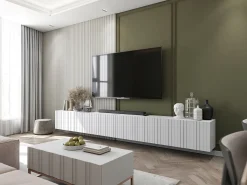Móvel De Tv| Móvel de TV com 4 portas - Estrutura mate, frentes ranhuradas mate - 150 cm Branco