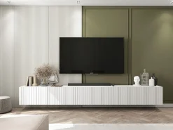 Móvel De Tv| Móvel de TV com 8 portas - Estrutura mate, frentes ranhuradas mate - 300 cm Branco