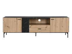 Móvel De Tv|Vente-unique Móvel de TV com 2 portas, 1 gaveta e 1 nicho cor natural e efeito mármore preto - LIOMENA Preto / Natural claro