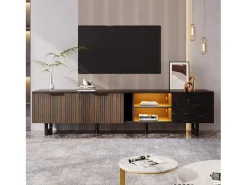 Hauss Spole Móvel de TV com 2 portas, 2 gavetas e 2 nichos, LED incluído, em folheado de mármore e madeira escura - 200x38x50cm^ Móvel De Tv