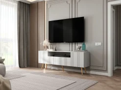 Móvel De Tv* Móvel de TV com 3 portas e nicho – Estrutura mate, frentes ranhuradas mate – 150 cm, pés dourados Branco