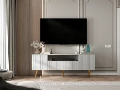 Móvel De Tv* Móvel de TV com 3 portas e nicho – Estrutura mate, frentes ranhuradas mate – 150 cm, pés dourados Branco