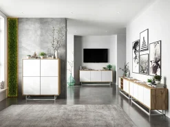 Best Móvel de TV com 3 portas e 1 nicho - corpo carvalho wotan frentes mate - 150 cm, estrutura metálica Branco