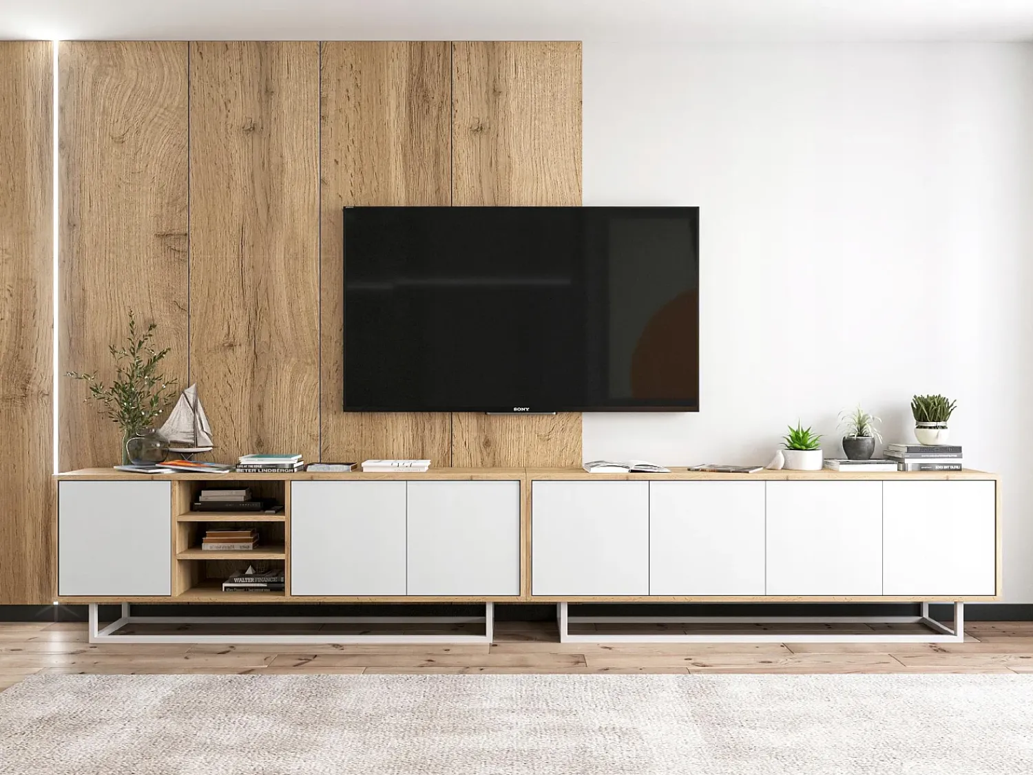 Best Móvel de TV com 3 portas e 1 nicho - corpo carvalho wotan frentes mate - 150 cm, estrutura metálica Branco