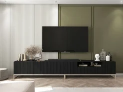 Móvel De Tv| Móvel de TV com 3 portas e nicho - Estrutura mate, frentes ranhuradas mate - 150 cm, estrutura metálica Preto
