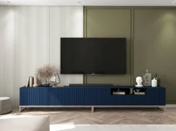 Móvel De Tv| Móvel de TV com 7 portas e nicho – corpo -marinho fosco, frentes caneladas -marinho fosco – 300 cm, estrutura metálica Azul