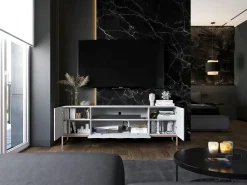 New Móvel de TV com 3 portas e nicho - Estrutura mate, frentes ranhuradas mate - 150 cm, estrutura em metal Branco