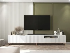 New Móvel de TV com 3 portas e nicho - Estrutura mate, frentes ranhuradas mate - 150 cm, estrutura em metal Branco