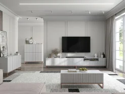 New Móvel de TV com 3 portas e nicho - Estrutura mate, frentes ranhuradas mate - 150 cm, estrutura em metal Branco