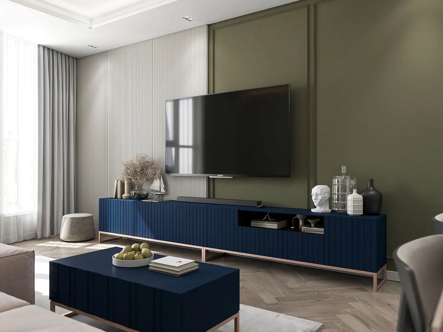 Móvel De Tv* Móvel de TV com 3 portas e nicho – Corpo -marinho mate, frentes ranhuradas -marinho mate – 150 cm, estrutura metálica Azul