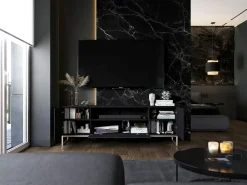 Móvel De Tv* Móvel de TV com 7 portas e nicho – corpo mate, fachadas caneladas mate – 300 cm, estrutura metálica Preto
