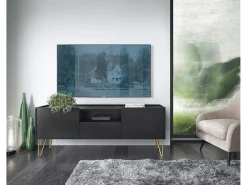 Móvel de TV com 2 portas e 1 gaveta e tampo com efeito mármore, 144x55 cm^ Móvel De Tv