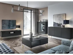 Móvel de TV com 2 portas e 1 gaveta e tampo com efeito mármore, 144x55 cm^ Móvel De Tv