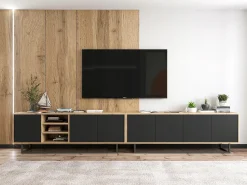 Best Móvel de TV com 3 portas e 1 nicho - corpo carvalho wotan, frentes mate - 150 cm, estrutura metálica Preto