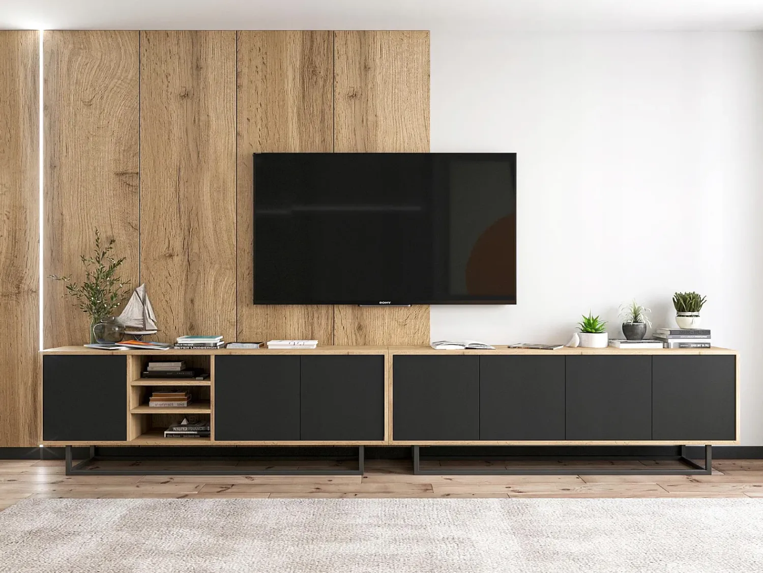 Best Móvel de TV com 3 portas e 1 nicho - corpo carvalho wotan, frentes mate - 150 cm, estrutura metálica Preto