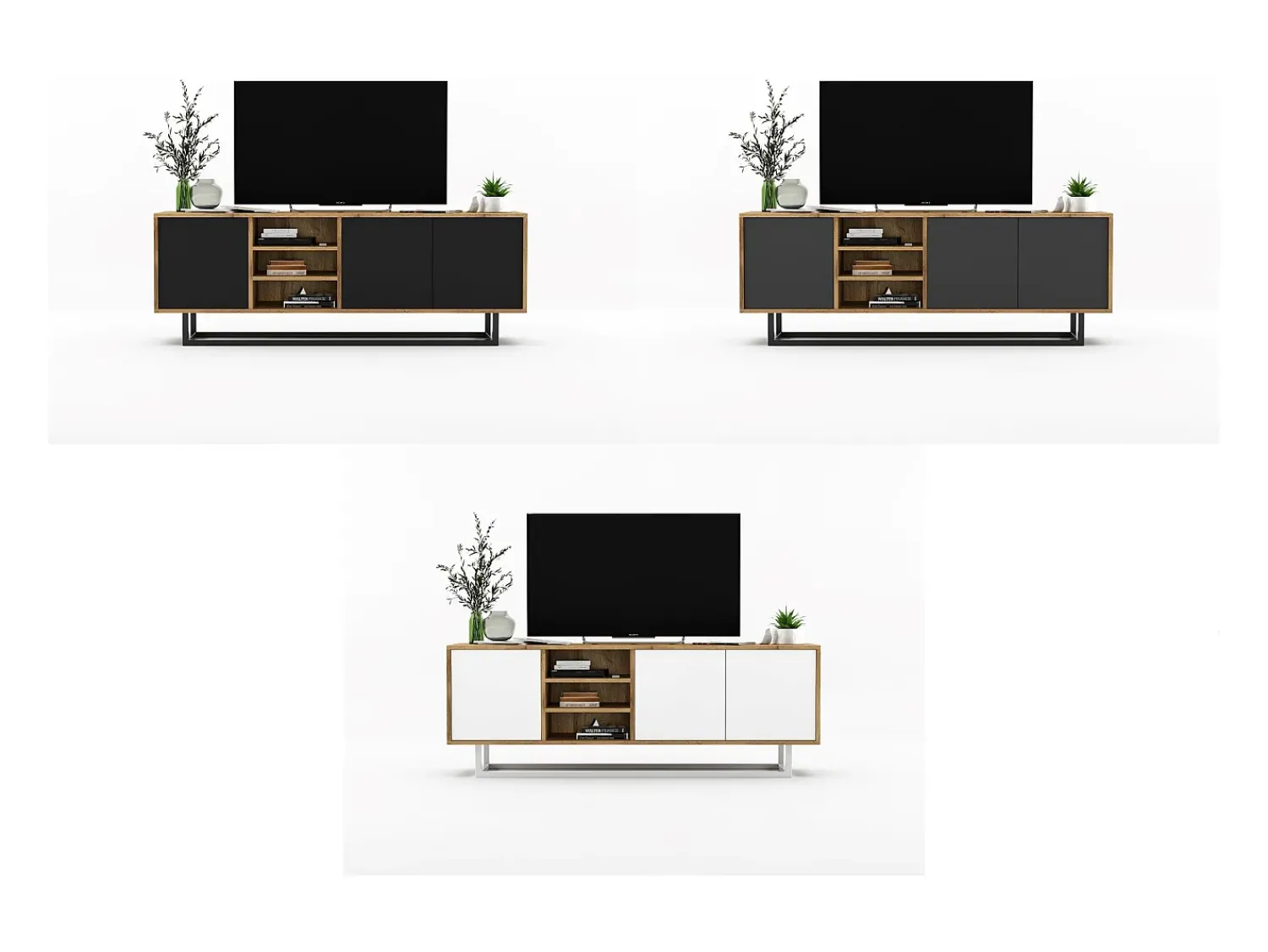 Best Móvel de TV com 3 portas e 1 nicho - corpo carvalho wotan, frentes mate - 150 cm, estrutura metálica Preto