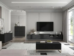 Móvel de TV com 3 portas e nicho – Corpo mate, frentes ranhuradas mate – 150 cm^ Móvel De Tv