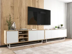 Clearance Móvel de TV com 7 portas e 1 nicho - estrutura carvalho wotan frentes mate - 300 cm, estrutura metálica Branco