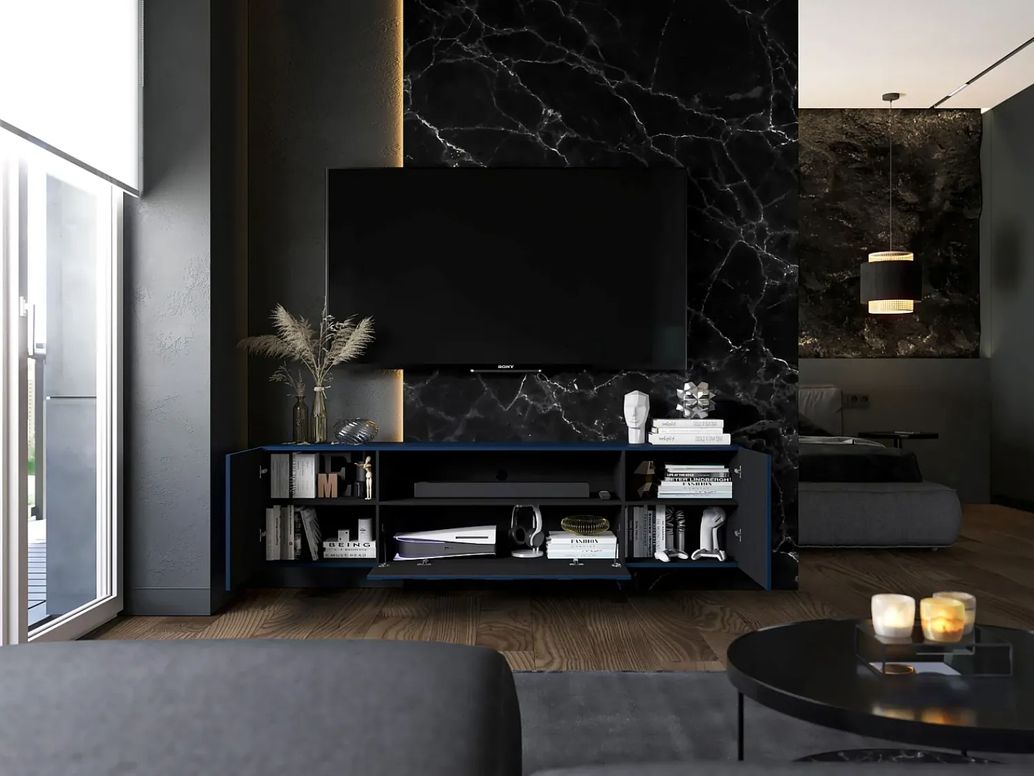 New Móvel de TV com 7 portas e nicho – corpo -marinho mate, frentes caneladas -marinho mate – 300 cm Azul