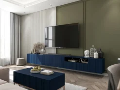New Móvel de TV com 7 portas e nicho – corpo -marinho mate, frentes caneladas -marinho mate – 300 cm Azul