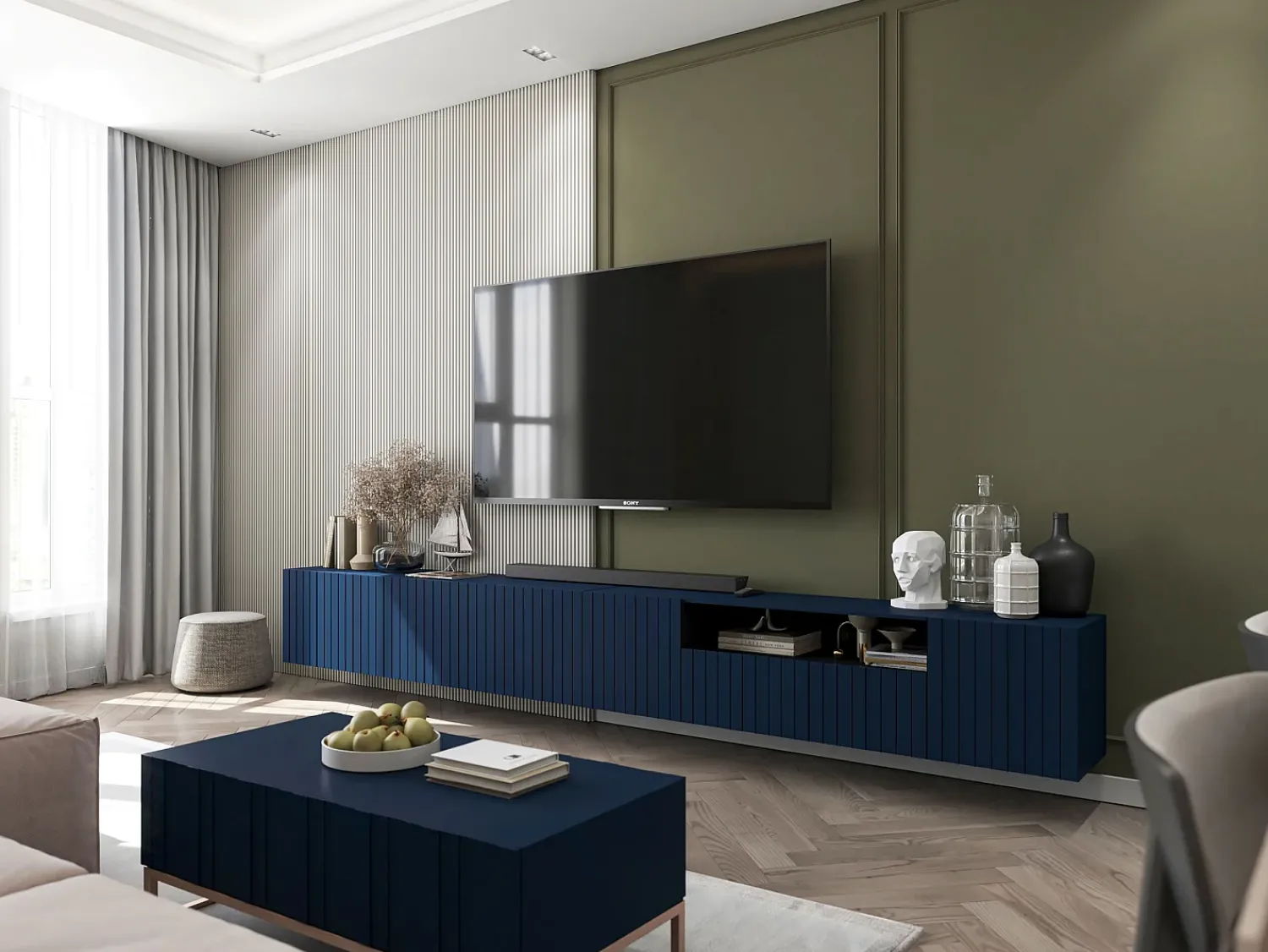New Móvel de TV com 7 portas e nicho – corpo -marinho mate, frentes caneladas -marinho mate – 300 cm Azul