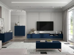 New Móvel de TV com 7 portas e nicho – corpo -marinho mate, frentes caneladas -marinho mate – 300 cm Azul