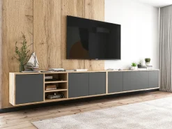 Móvel De Tv* Móvel de TV com 7 portas e 1 nicho – estrutura em carvalho Wotan, frentes grafite mate – 300 cm Cinzento