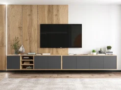 Móvel De Tv* Móvel de TV com 7 portas e 1 nicho – estrutura em carvalho Wotan, frentes grafite mate – 300 cm Cinzento