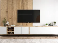 Móvel De Tv* Móvel de TV com 7 portas e 1 nicho - corpo carvalho wotan frentes mate - 300 cm Branco