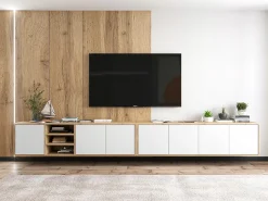 Móvel De Tv* Móvel de TV com 7 portas e 1 nicho - corpo carvalho wotan frentes mate - 300 cm Branco