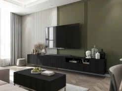 Outlet Móvel de TV com 7 portas e nicho – corpo mate, fachadas caneladas mate – 300 cm Preto