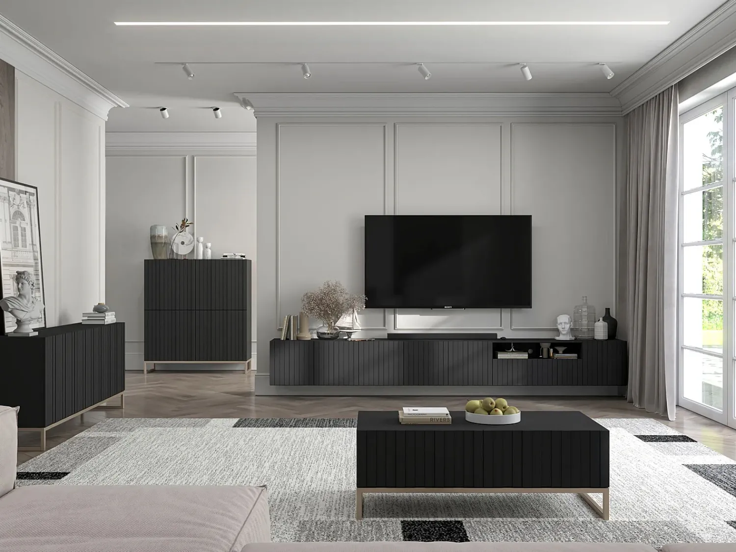 Outlet Móvel de TV com 7 portas e nicho – corpo mate, fachadas caneladas mate – 300 cm Preto