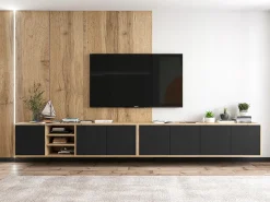 Móvel De Tv| Móvel de TV com 7 portas e 1 nicho - estrutura carvalho wotan, frentes mate - 300 cm Preto