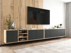 Móvel De Tv| Móvel de TV com 7 portas e 1 nicho - estrutura carvalho wotan, frentes mate - 300 cm Preto