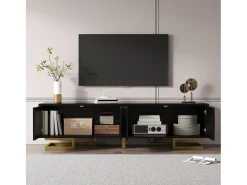 Móvel De Tv|Merax Móvel de TV com 4 portas texturizadas - 160 x 38 x 44,5 cm - puxadores e pés dourados - aglomerado - Preto