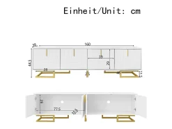 Merax Móvel de TV com 4 portas texturizadas - 160 x 38 x 44,5 cm - puxadores e pés dourados - aglomerado -^ Móvel De Tv