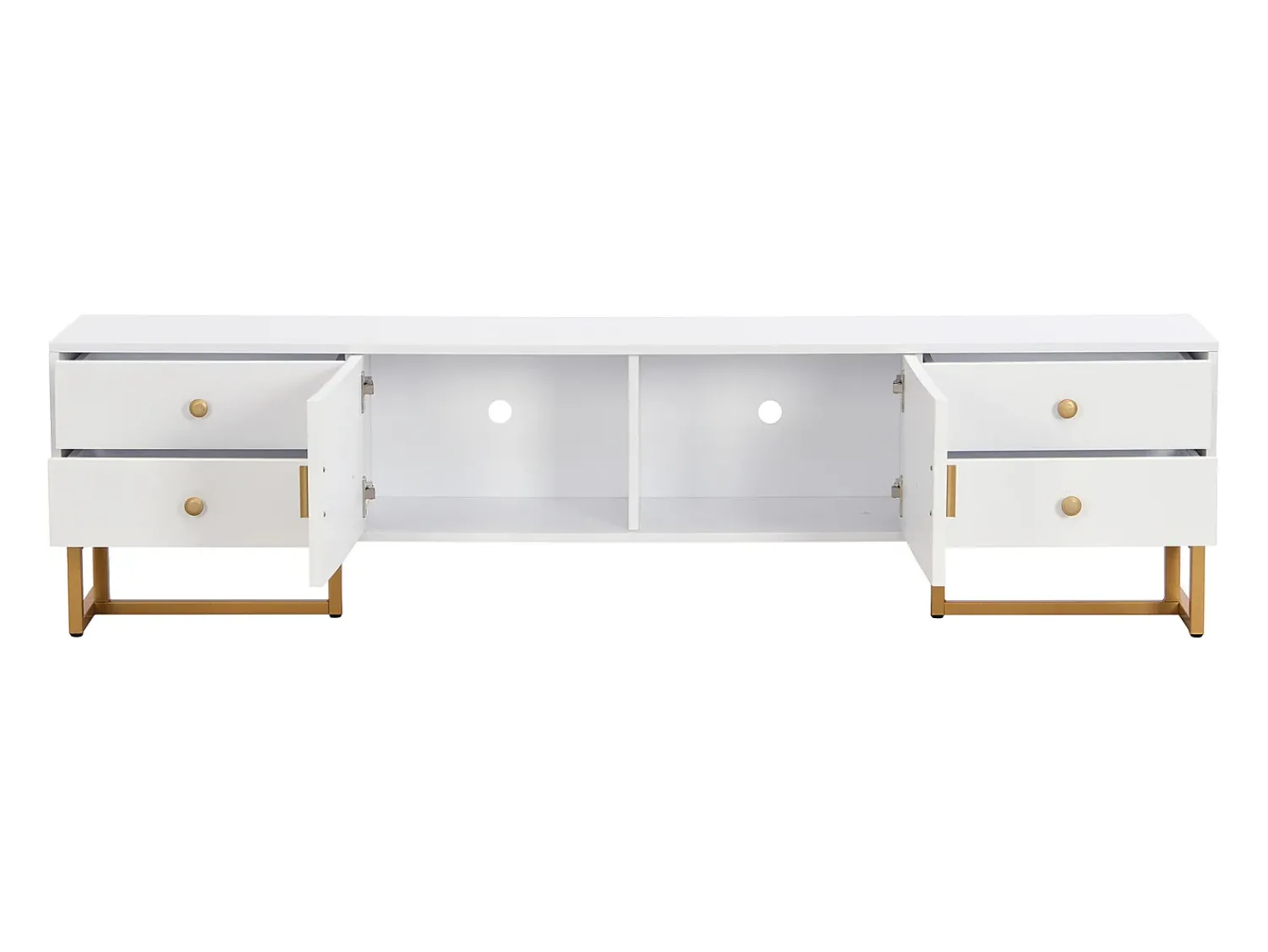 Outlet Móvel de TV com armazenamento, 2 portas e 4 gavetas, Móvel de TV baixo, Pés e puxadores dourados, Branco