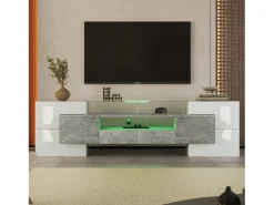 Móvel De Tv* Móvel de TV com armazenamento, 6 portas e 2 gavetas, Móvel de TV moderno com luz LED, cinza + Branco