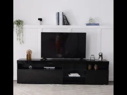 Hot Móvel de TV com armazenamento, 3 portas e 2 prateleiras de vidro, Móvel de TV com LED variável, Preto