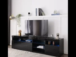 Hot Móvel de TV com armazenamento, 3 portas e 2 prateleiras de vidro, Móvel de TV com LED variável, Preto